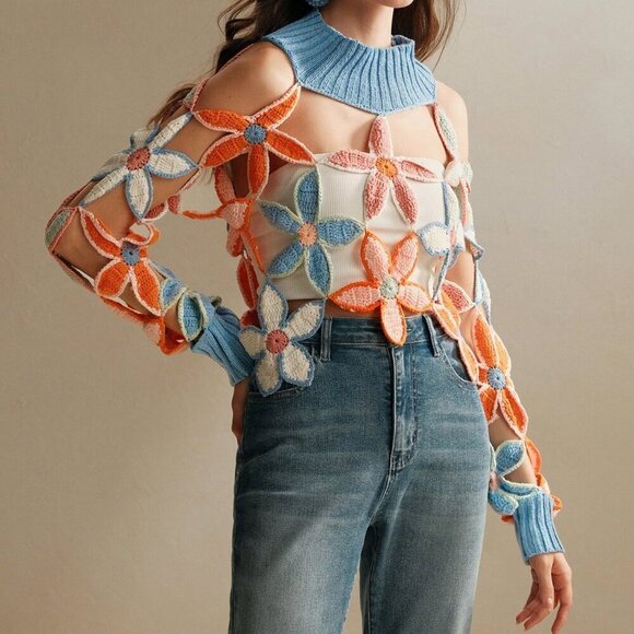 Blue Casual Women's Floral Pattern Sheer Long Sleeve Loose Sweater - Picture 5 of 7